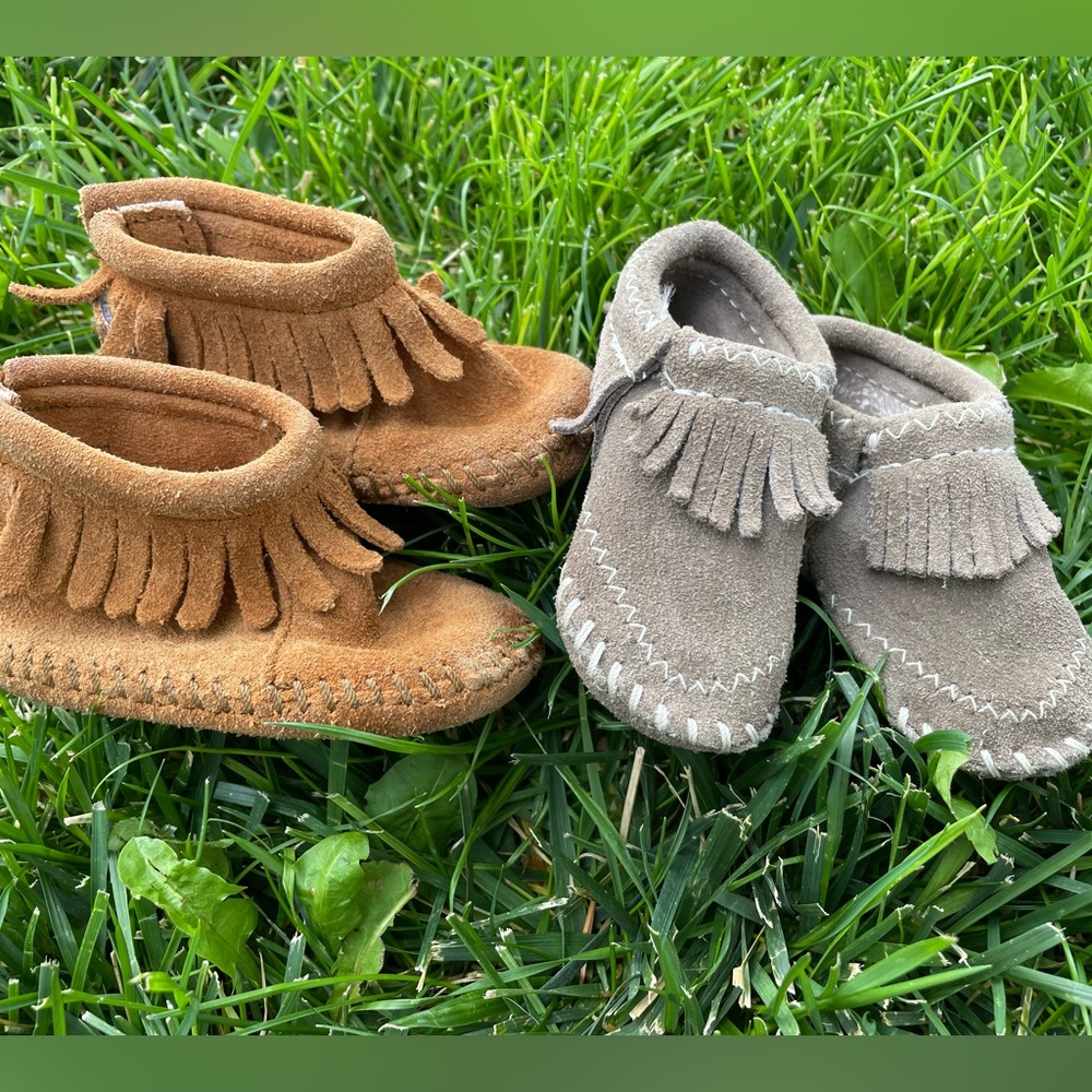 Genuine Leather Minnetonka Kids Moccasins - Brown and Gray 2 pairs set!